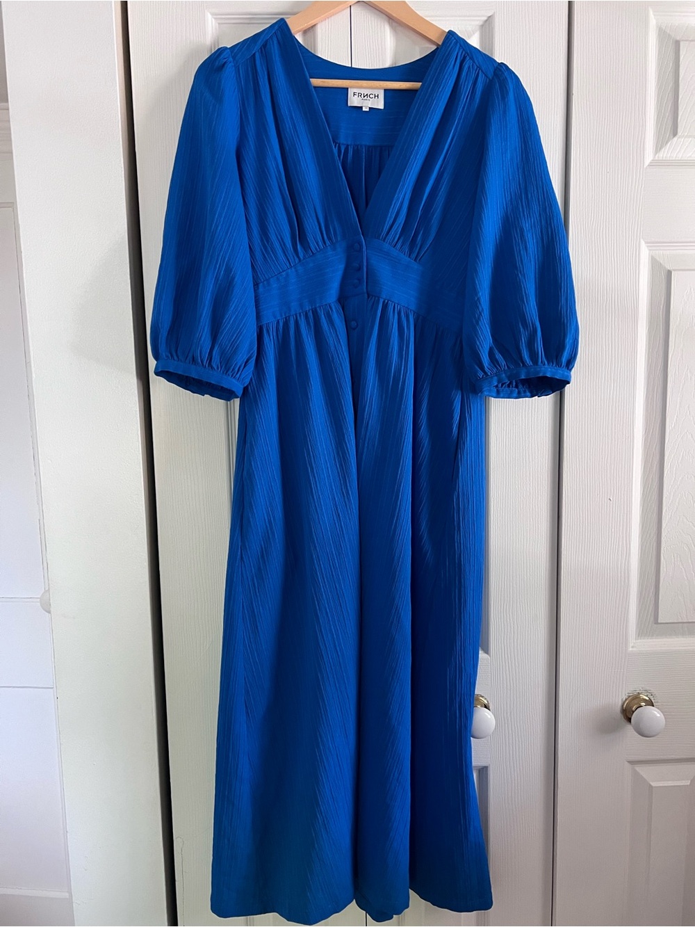 3/$250🪴— Frnch Cobalt Blue Midi Dress with Puff Sleeves size M